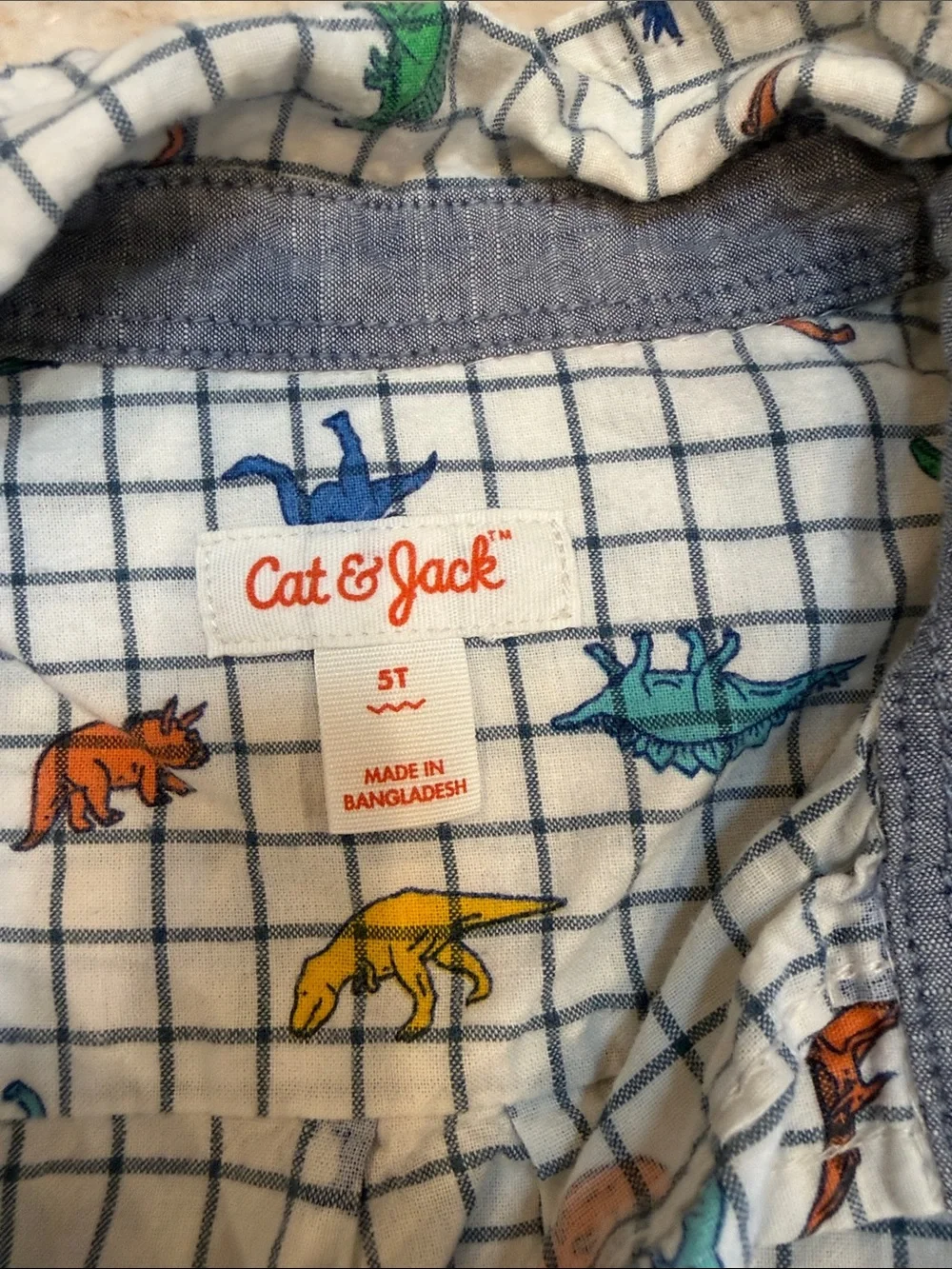 Cat & Jack White Grid Short Sleeve Button-Up with Colorful Dinosaurs